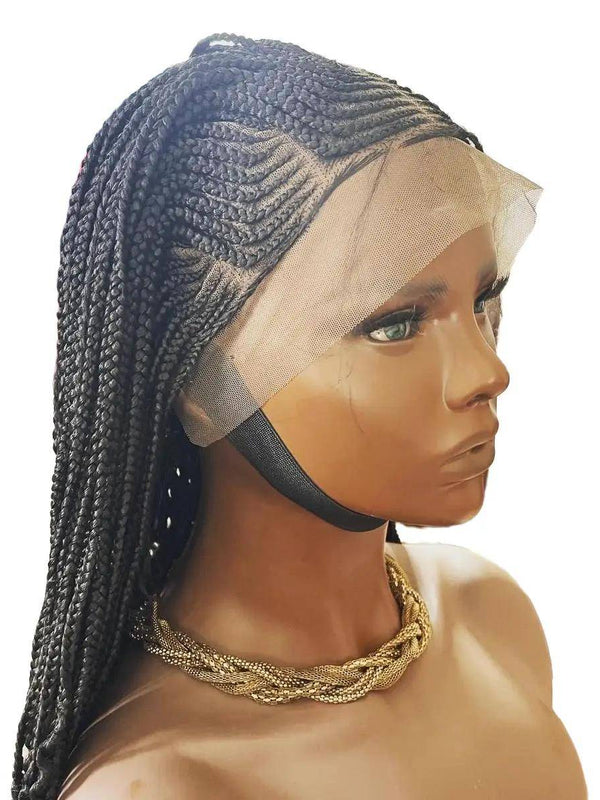 Chloe Synthetic Braided Lace Wig with front cornrows and individual back braids, displayed on mannequin with lace front detail visible.