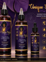 Unique Style 2 Envy Inc healing growth beard oil bottles in 8oz, 4oz, and 2oz sizes with purple and gold branding.
