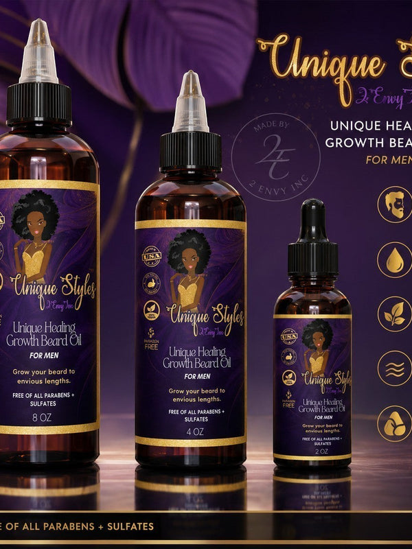 Unique Style 2 Envy Inc healing growth beard oil bottles in 8oz, 4oz, and 2oz sizes with purple and gold branding.