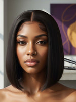 Unique Style 2 Envy Inc short black bob lace front human hair wig on a woman with a natural, seamless hairline.